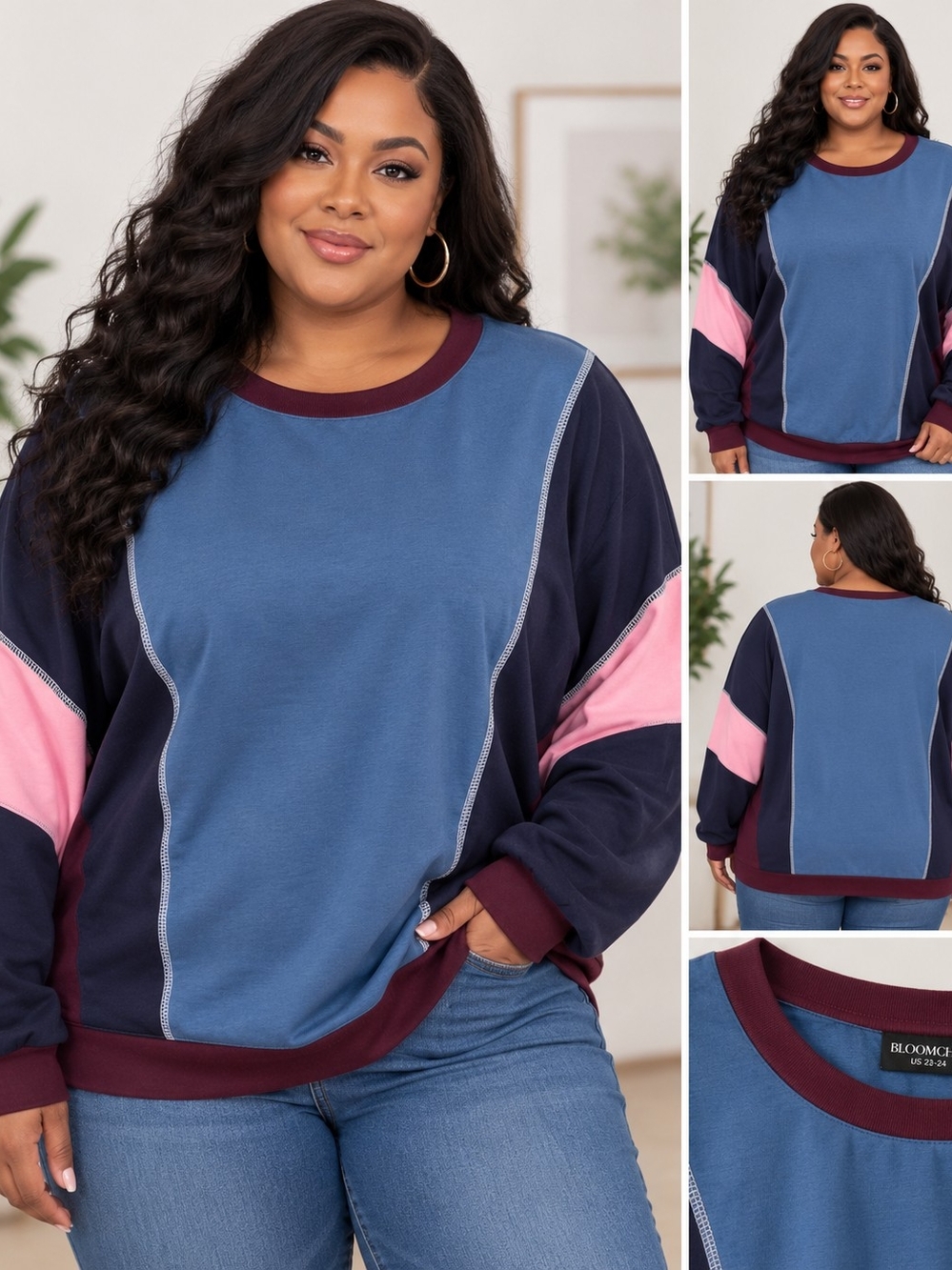 BloomChic Colorblock Crewneck Sweater — Blue, Navy, Pink & Burgundy